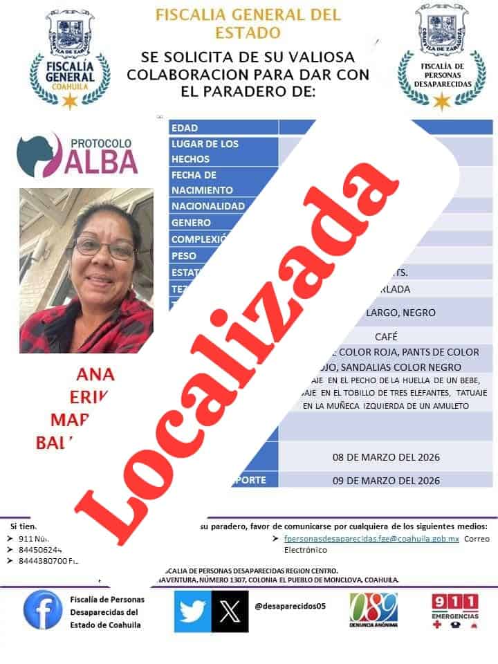 Localizan a Ana Mart&iacute;nez en Monclova tras d&iacute;as de angustia