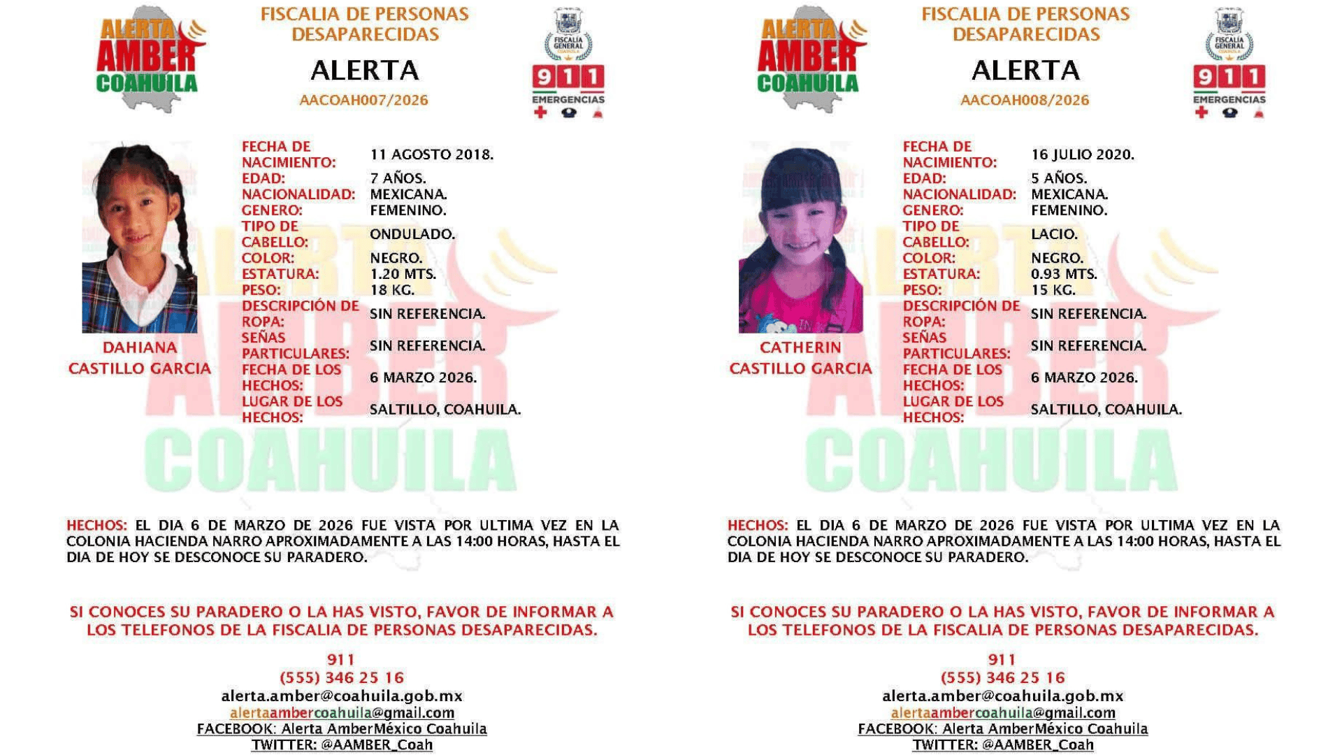Contin&uacute;a Alerta Amber activa en Coahuila; hermanas llevan 12 d&iacute;as desaparecidas