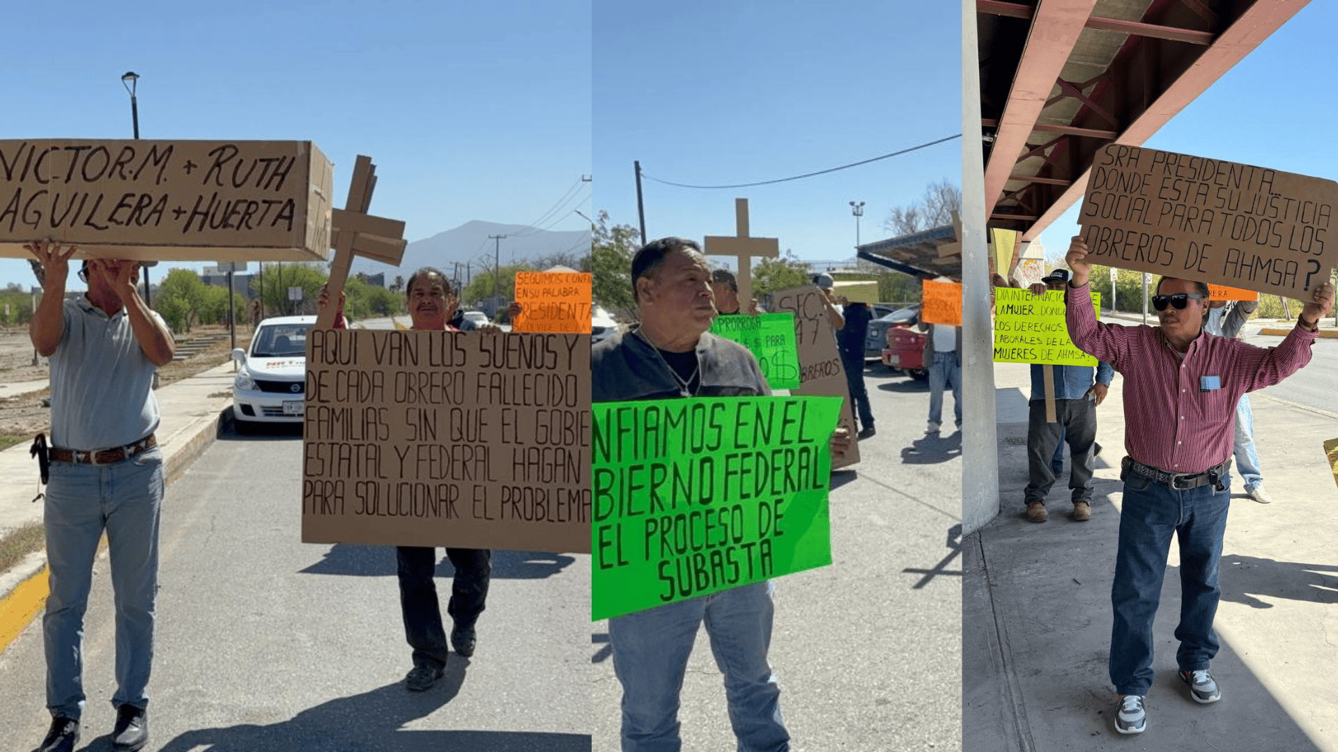 Con cruces y un ata&uacute;d simb&oacute;lico, obreros de AHMSA marchan para exigir subasta y pago de adeudos