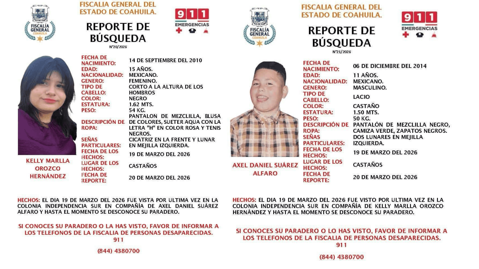 Desaparecen Kelly Orozco y Axel Su&aacute;rez en Casta&ntilde;os: Fiscal&iacute;a pide ayuda