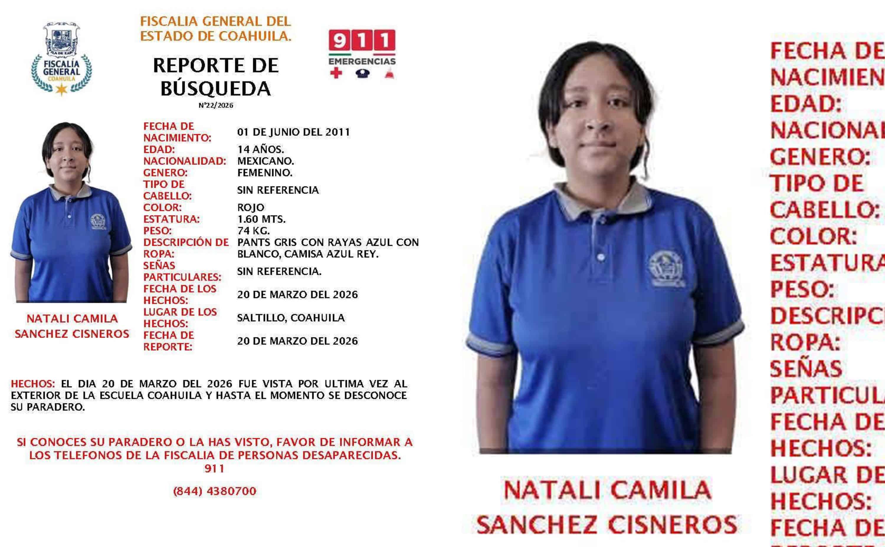 Activan b&uacute;squeda de adolescente desaparecida en Saltillo