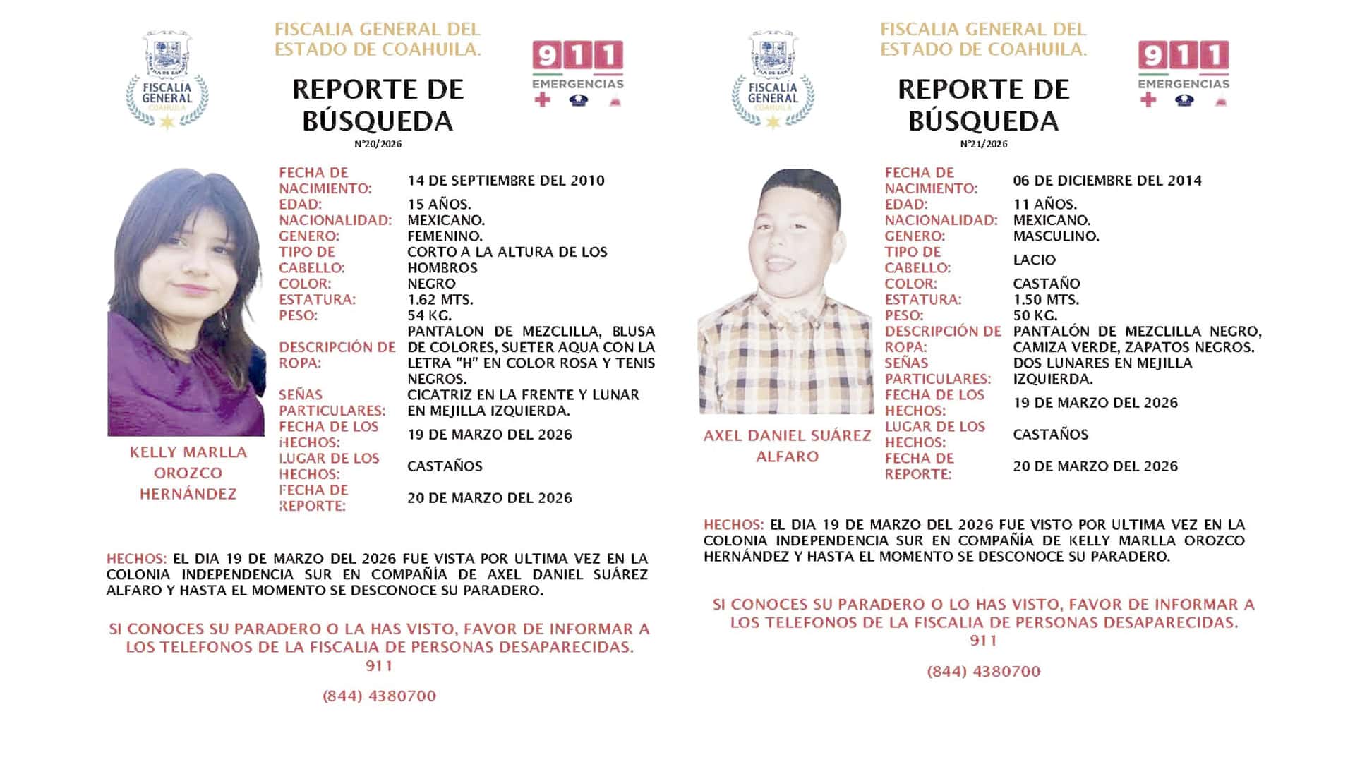 B&uacute;squeda activa de Kelly Orozco y Axel Su&aacute;rez en Casta&ntilde;os