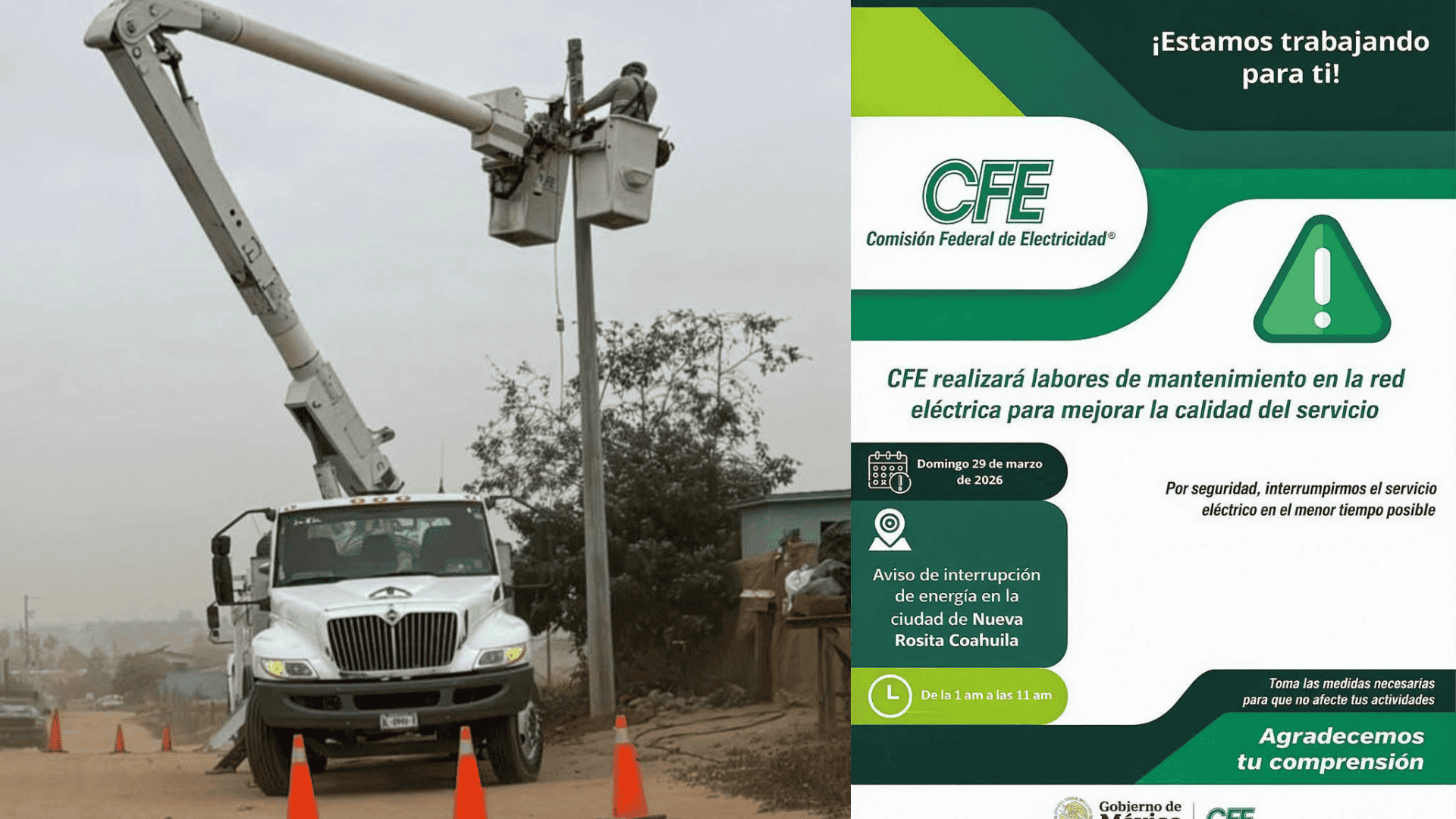 El domingo 29 de marzo   Suspender&aacute; CFE servicio de energ&iacute;a El&eacute;ctrica en la Cd. de Nueva Rosita