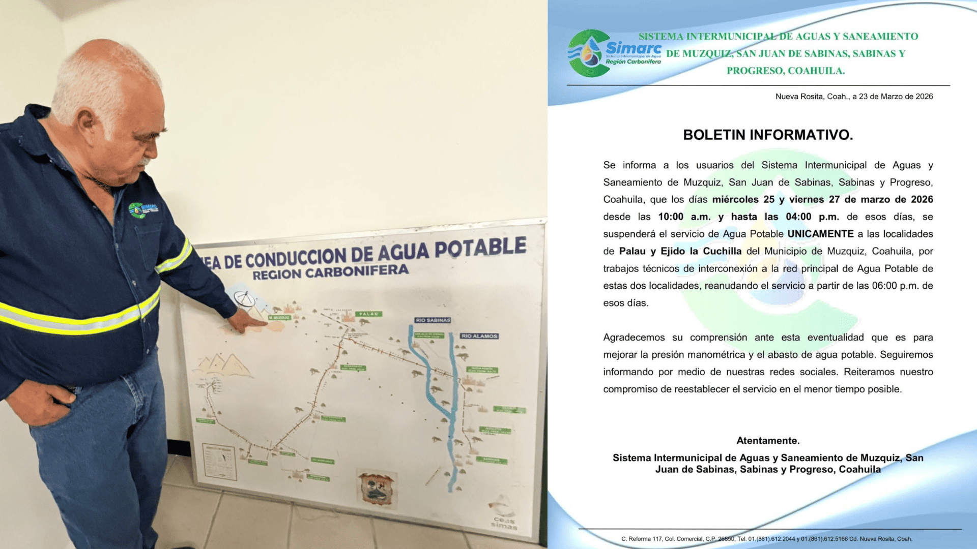 Suspender&aacute;n servicio de agua en Pala&uacute; y ejido La Cuchilla por trabajos t&eacute;cnicos