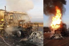 Tráiler cargado con carbón se incendia en carretera de Allende