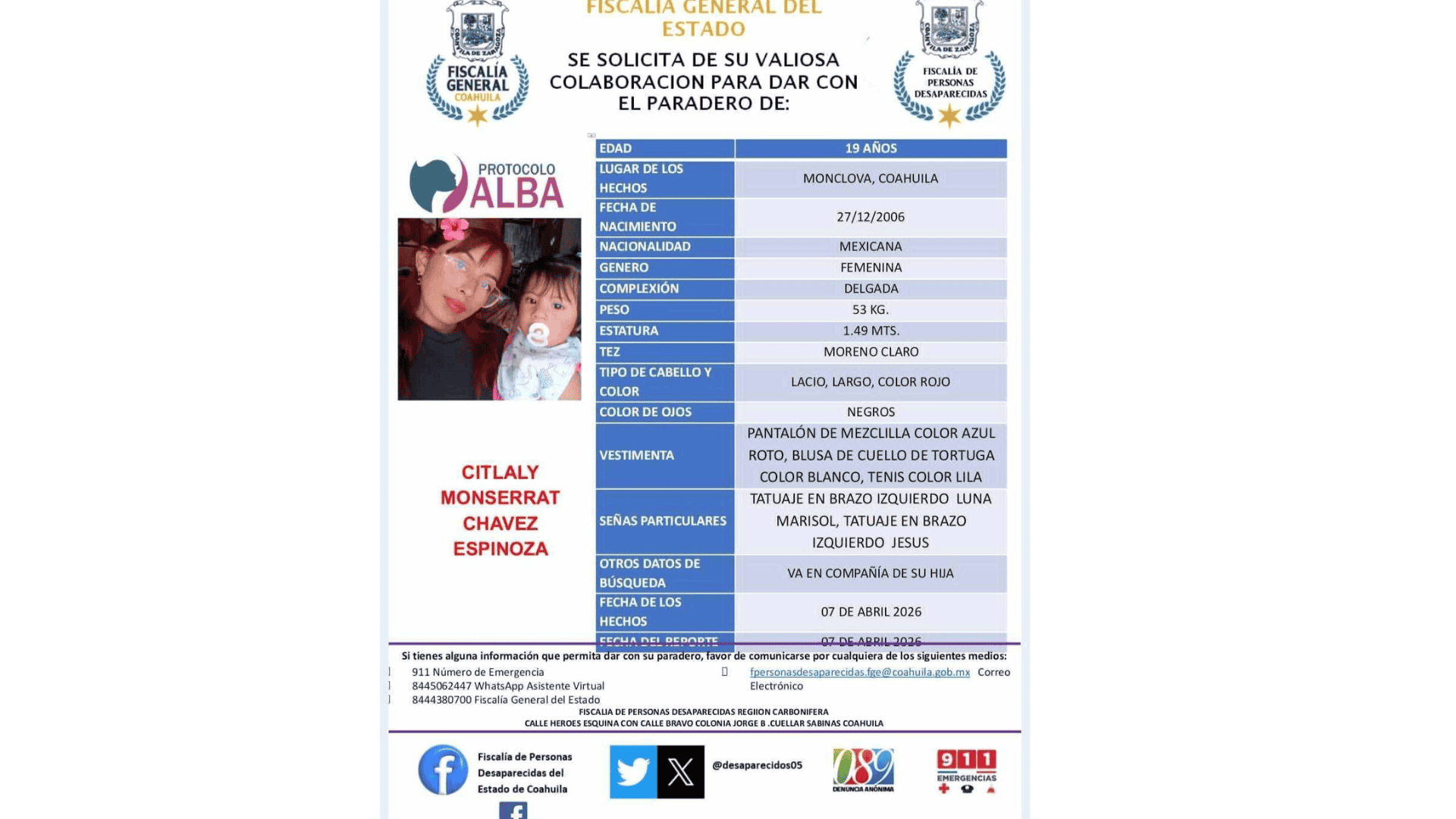 Desaparece Citlaly Ch&aacute;vez en Monclova: Activan Protocolo Alba