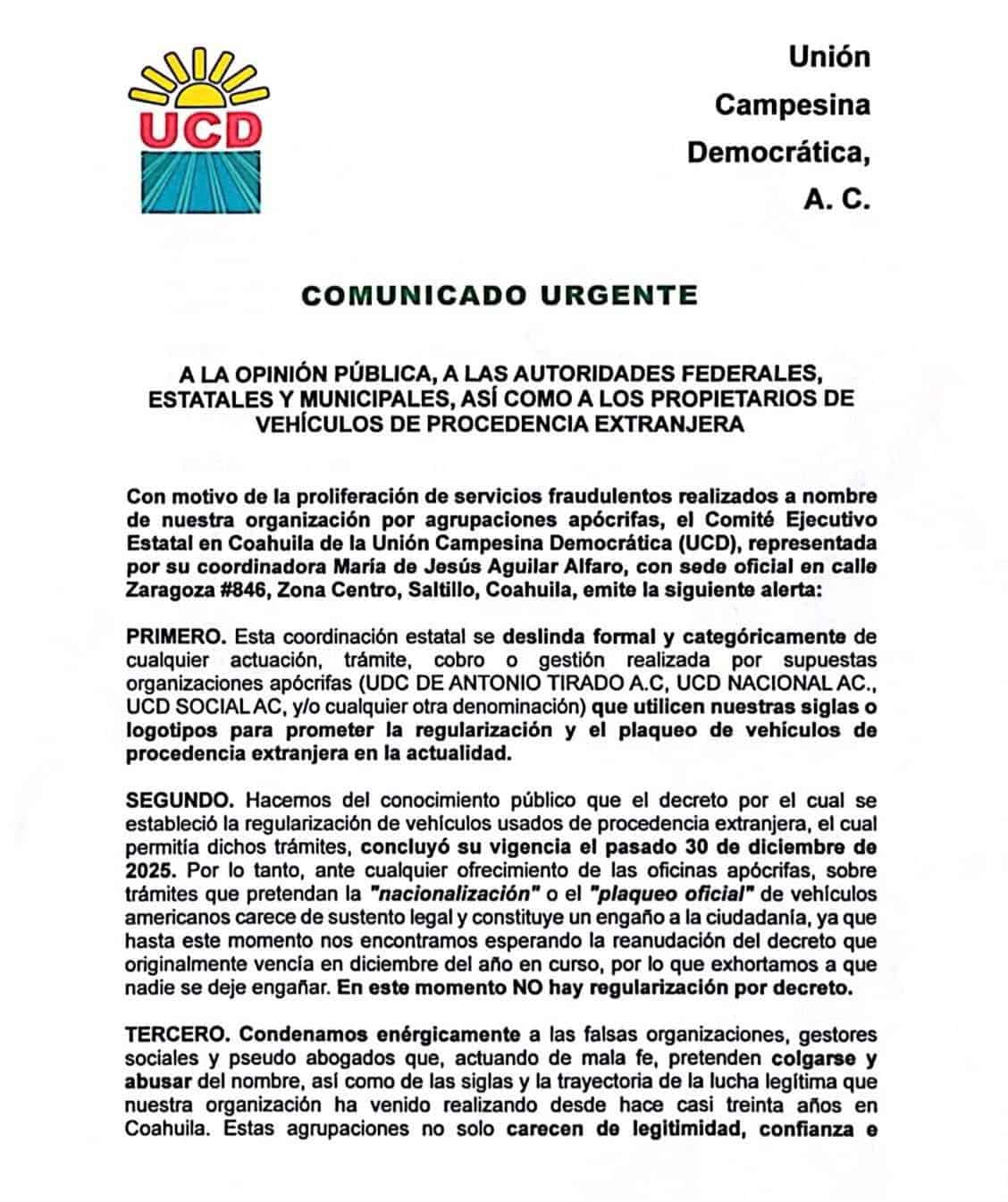 UCD en Coahuila: Fraudes en la regularizaci&oacute;n de veh&iacute;culos alertan a la ciudadan&iacute;a