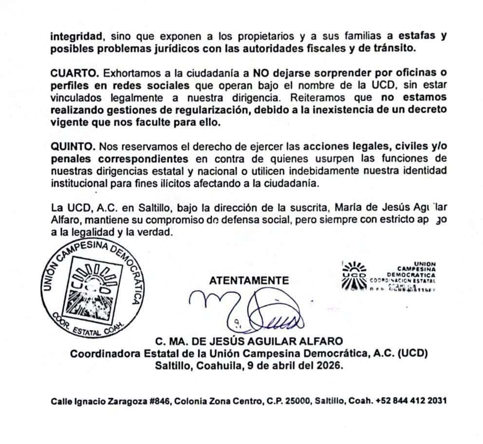 UCD en Coahuila: Fraudes en la regularizaci&oacute;n de veh&iacute;culos alertan a la ciudadan&iacute;a
