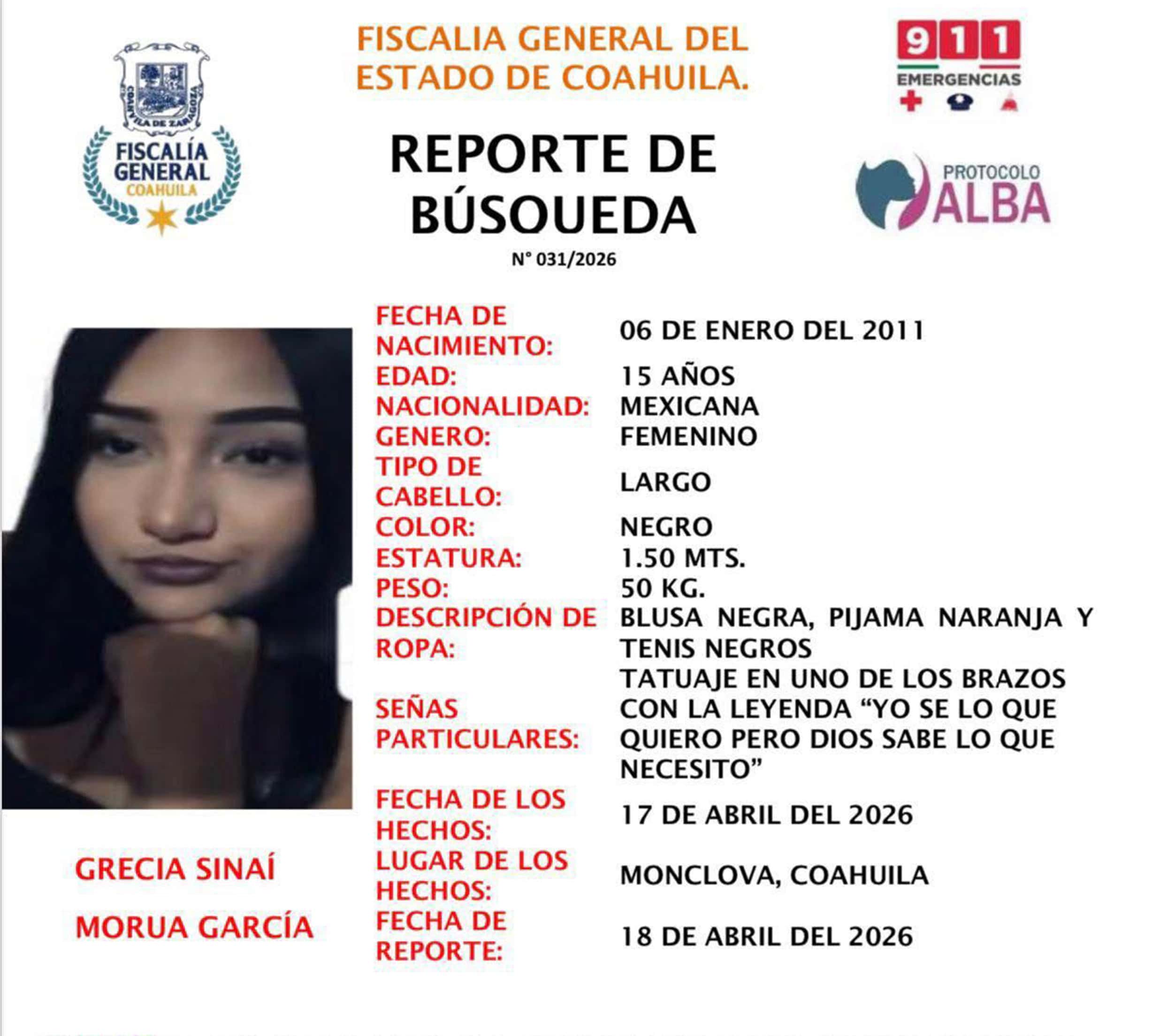 Activan ficha de b&uacute;squeda por menor desaparecida en Monclova