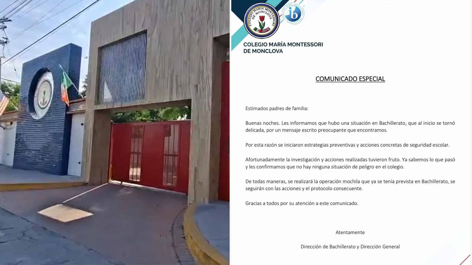 Colegio Mar&iacute;a Montessori de Monclova asegura que no hay peligro tras alerta