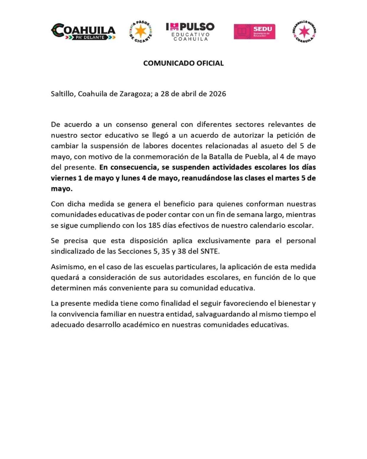 Fin de semana largo en Coahuila: Modificaci&oacute;n en calendario escolar por 5 de mayo