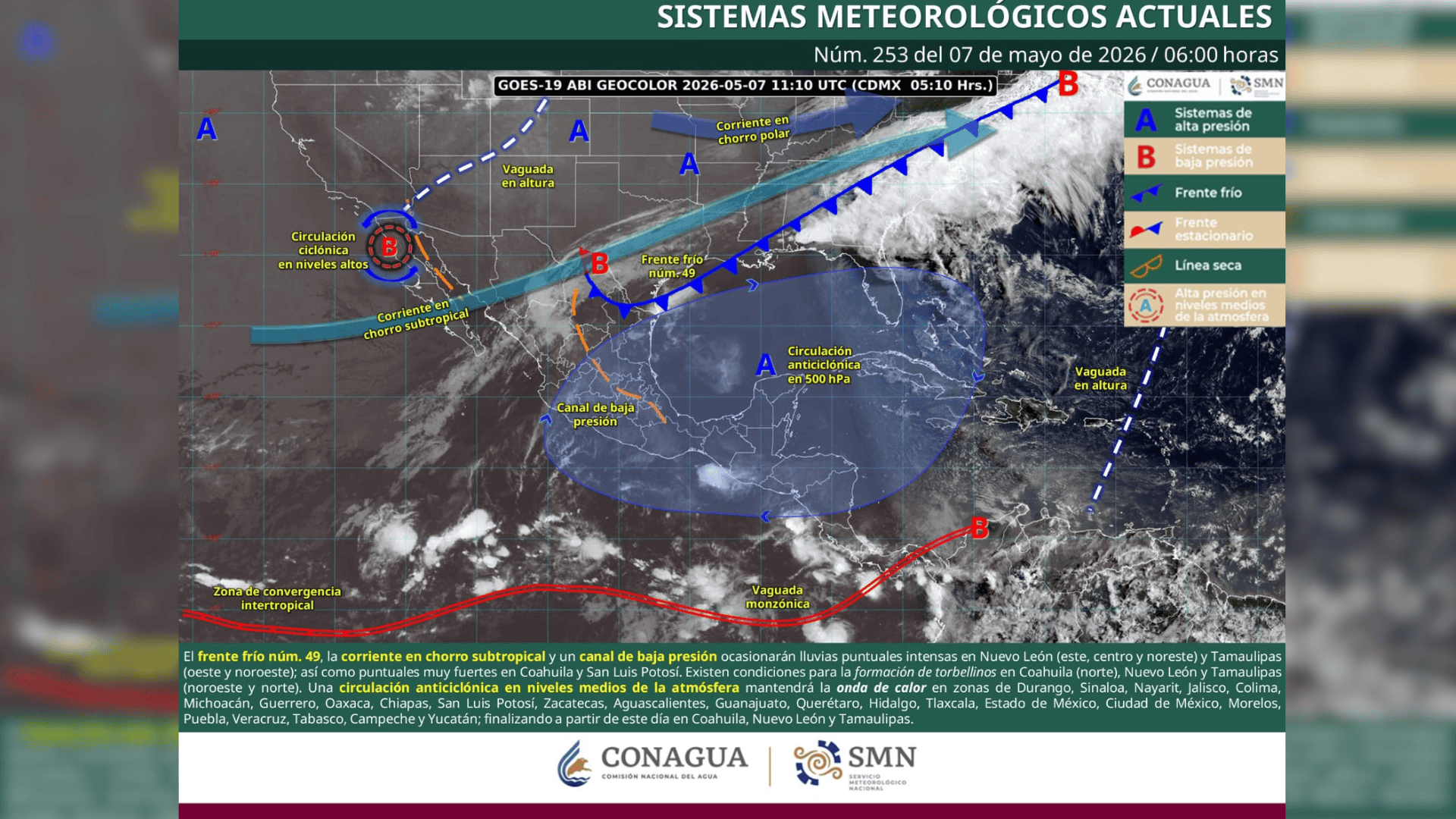 Se prev&eacute;n lluvias muy fuertes, vientos intensos y posible formaci&oacute;n de torbellinos en coahuila