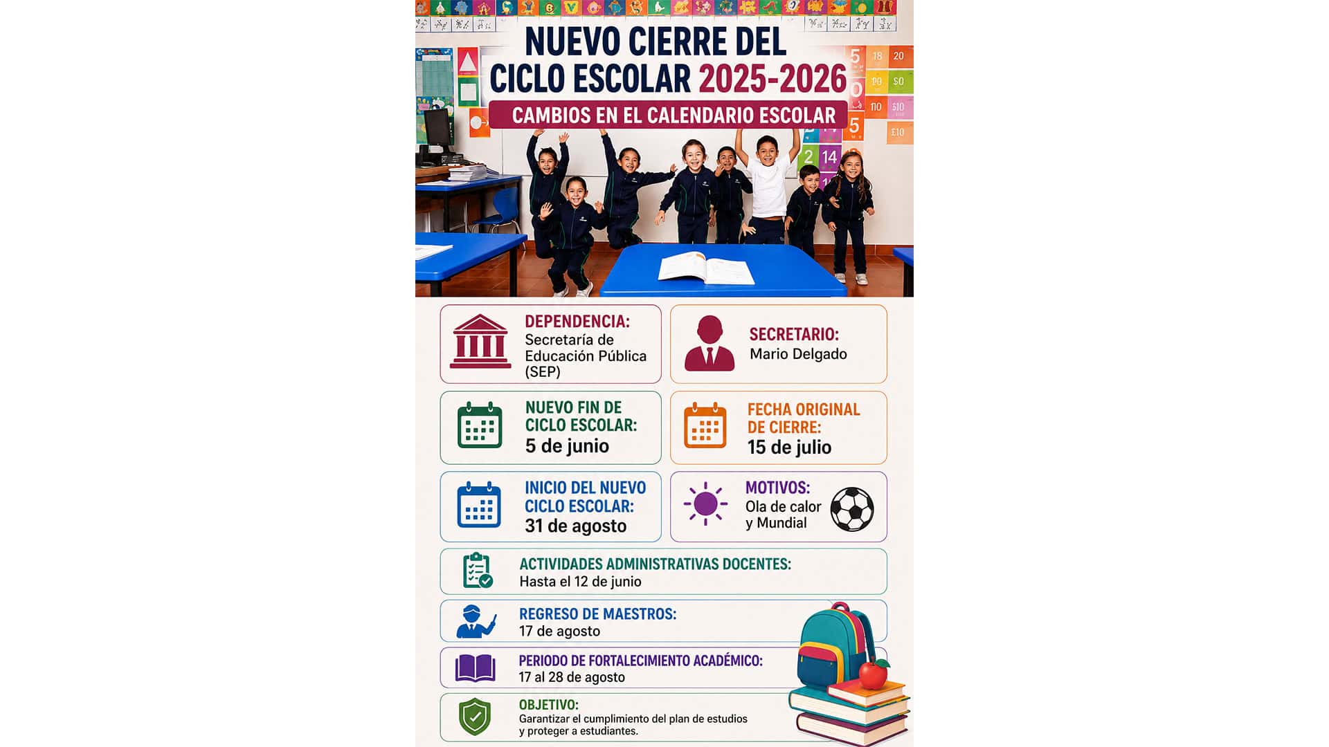 Cierre del ciclo escolar en M&eacute;xico se adelanta al 5 de junio