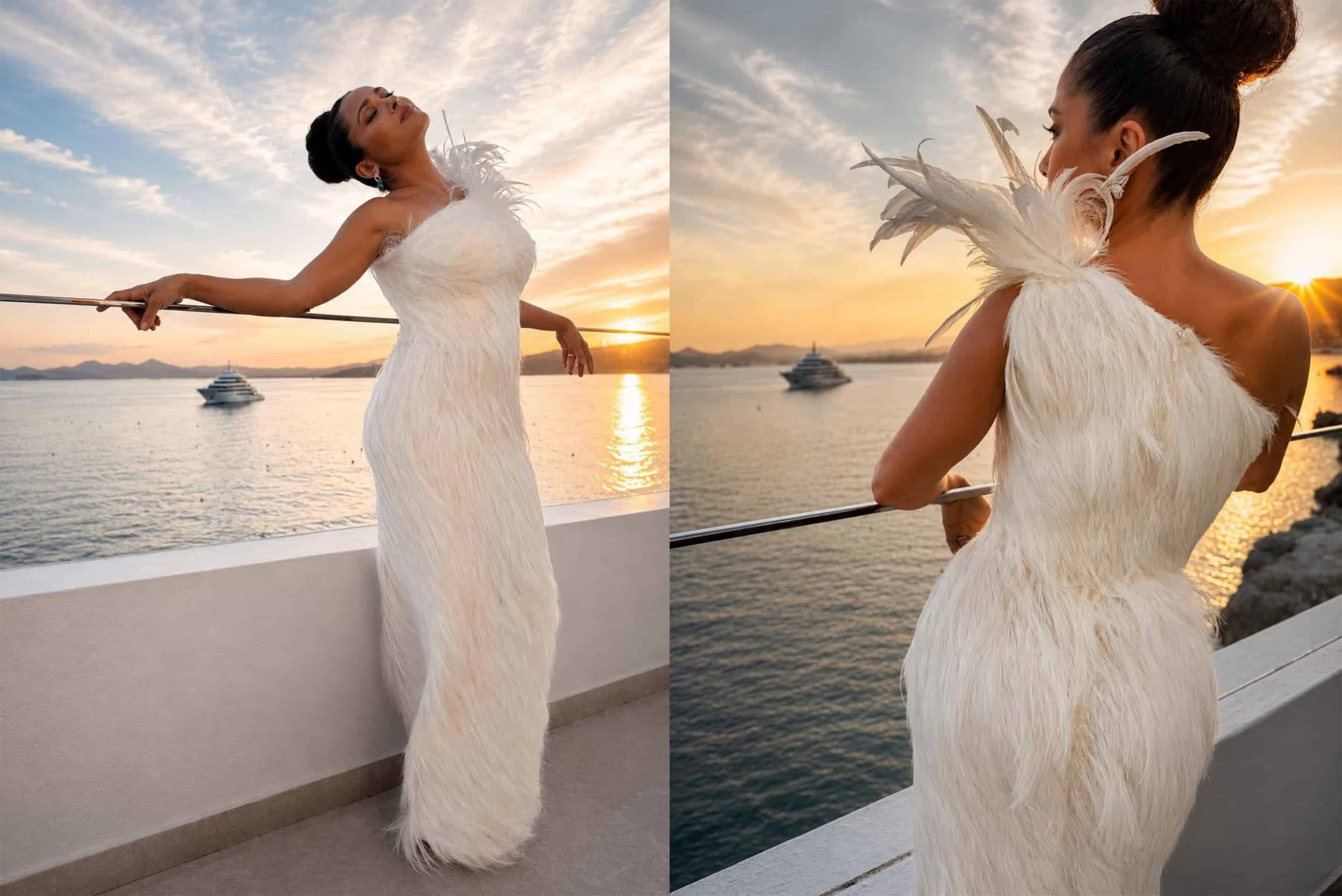 Salma Hayek deslumbra en Cannes con un elegante vestido de plumas