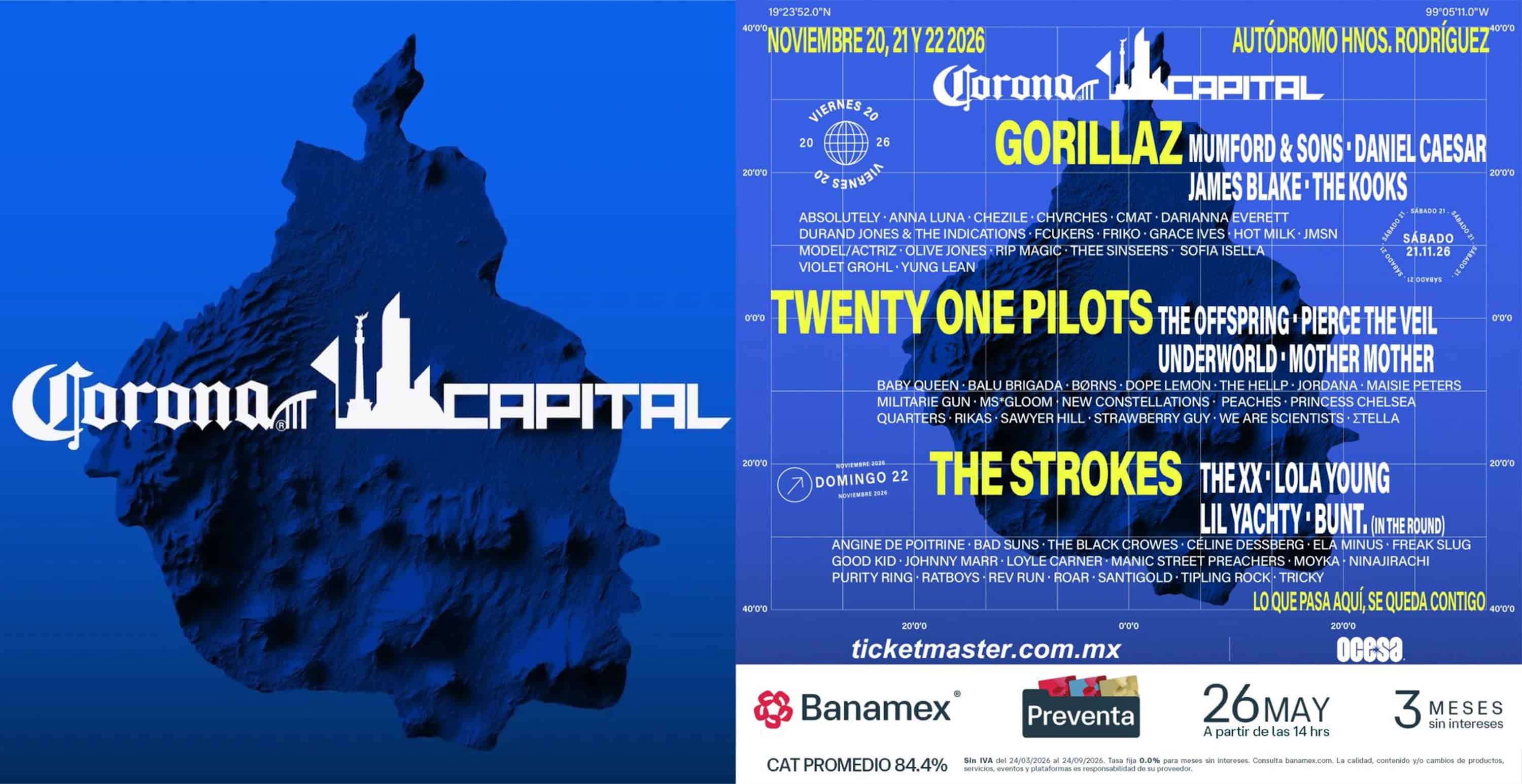 Corona Capital revela su edici&oacute;n 16 con Gorillaz, The Strokes y Twenty One Pilots como protagonistas