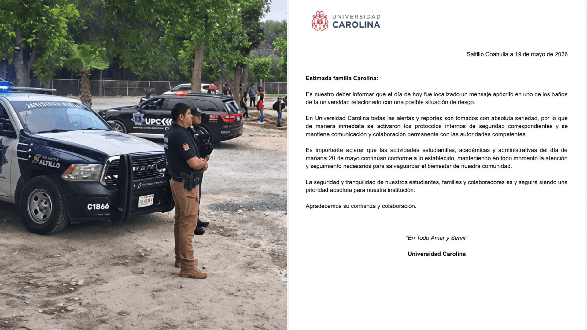 Activan protocolos en Universidad Carolina tras detectar amenaza escrita en sanitarios
