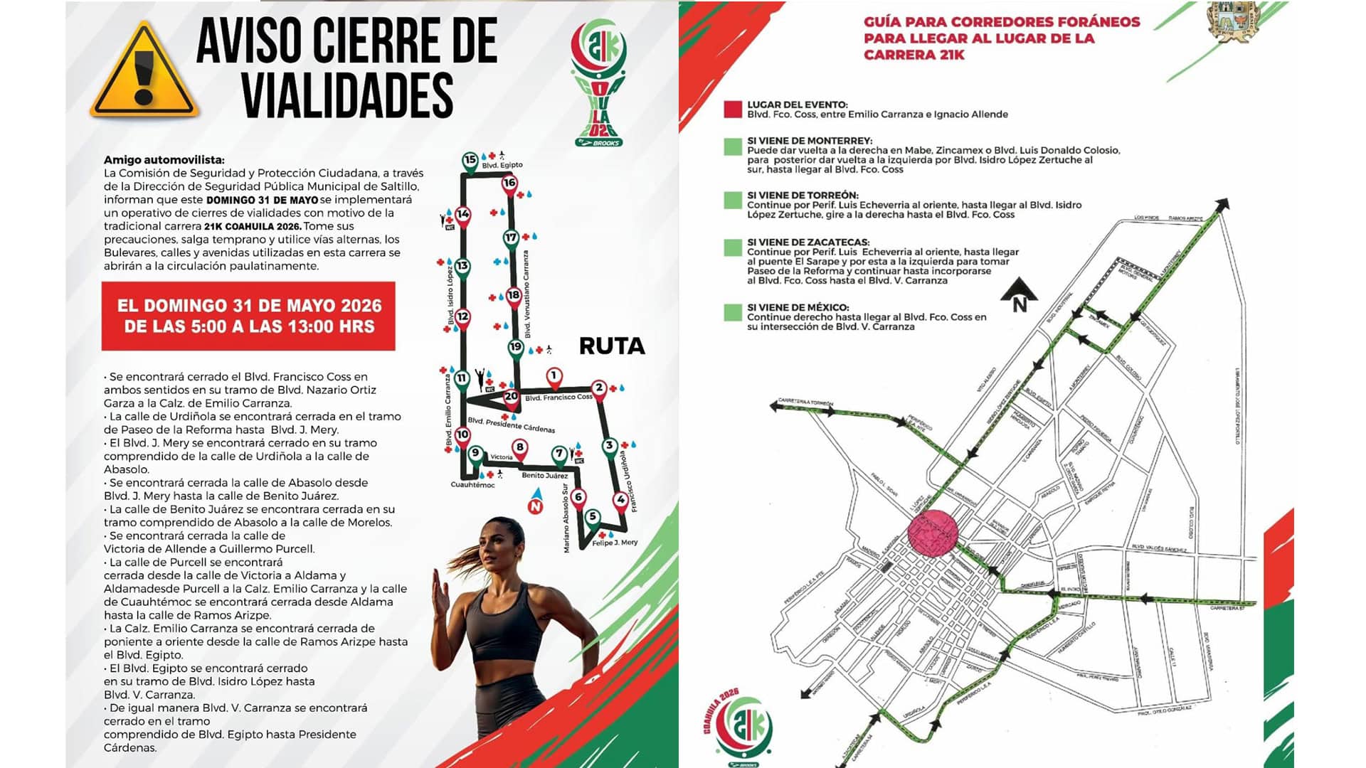 Cierres viales en Saltillo por 21K Coahuila 2026: Gobierno Municipal