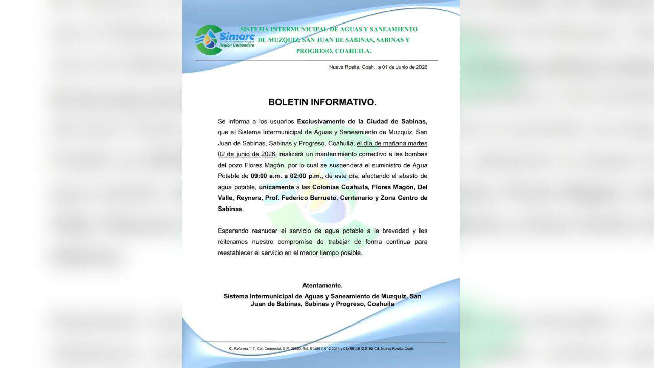 Suspensi&oacute;n temporal de agua potable en Sabinas por mantenimiento
