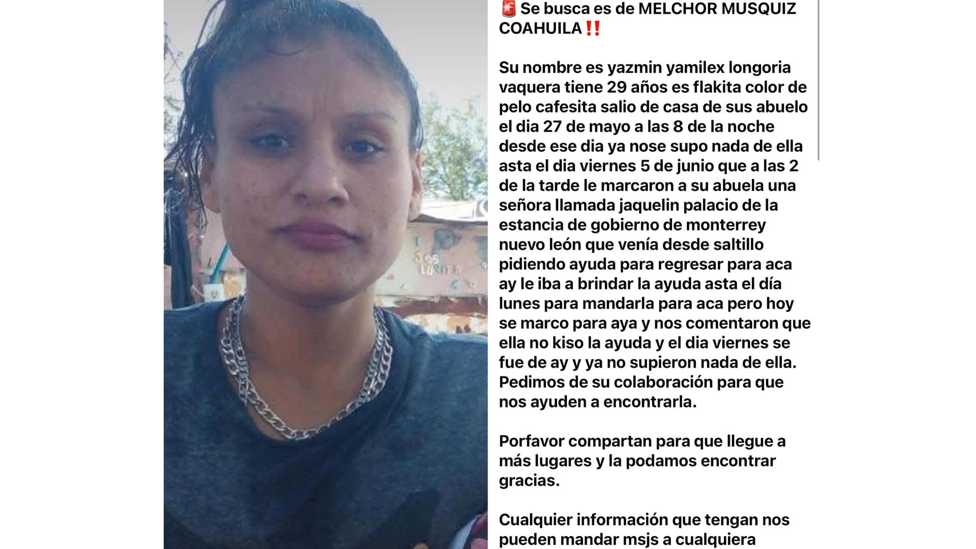 Desaparece Yazm&iacute;n Longoria en Melchor M&uacute;zquiz: buscan su paradero