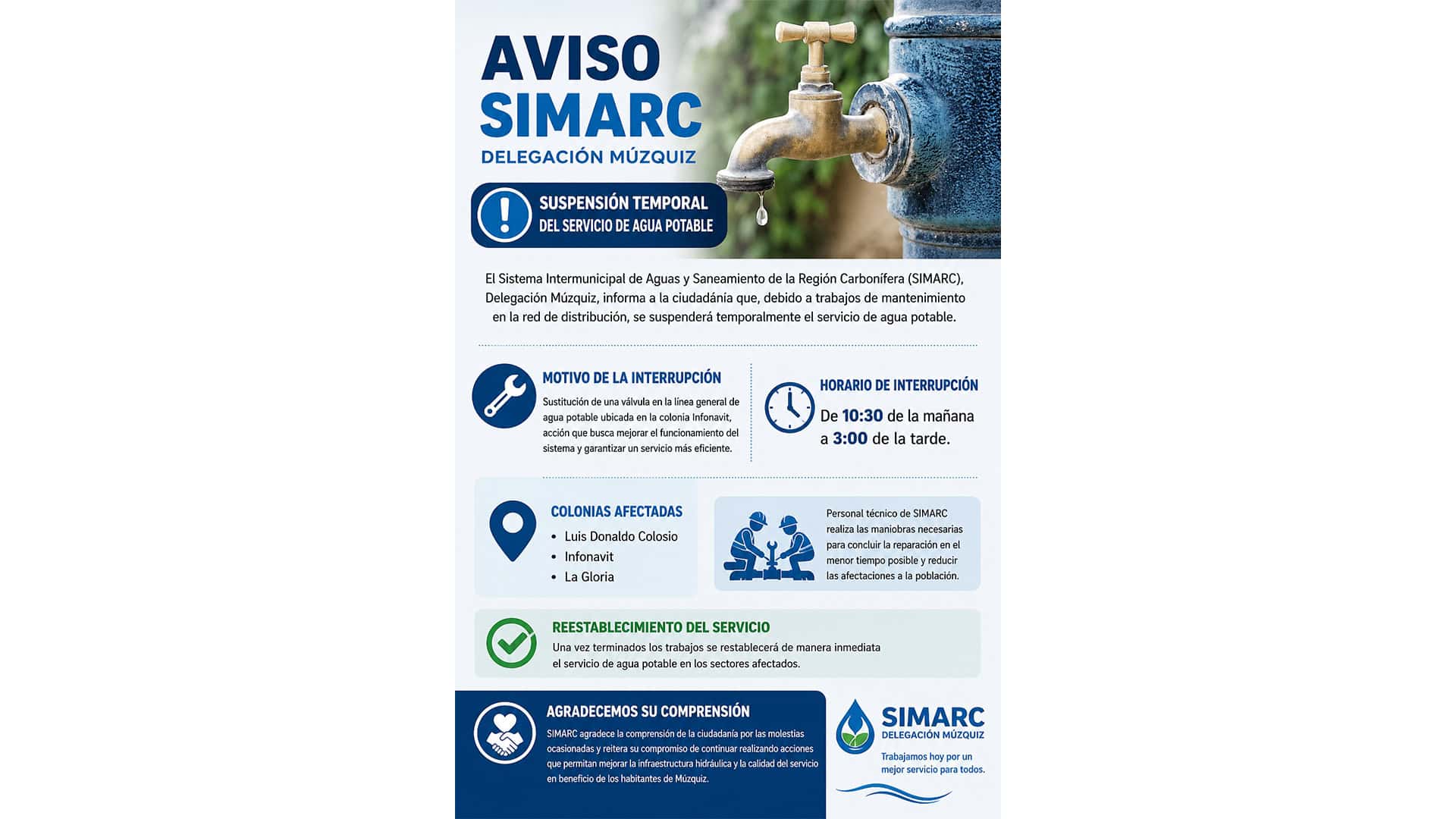 Reparaci&oacute;n de v&aacute;lvula provoca suspensi&oacute;n de agua en M&uacute;zquiz