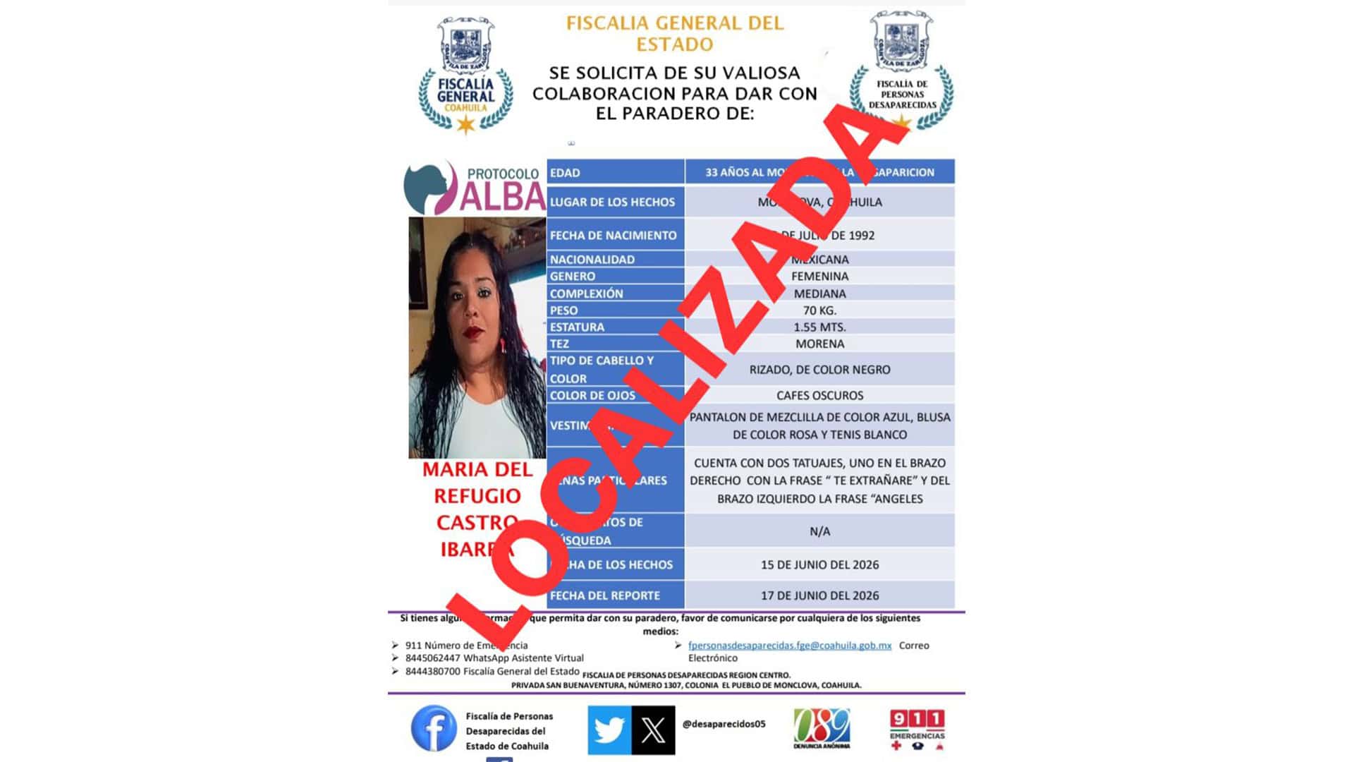Localizan a Mar&iacute;a del Refugio Castro en Monclova tras angustiosa b&uacute;squeda