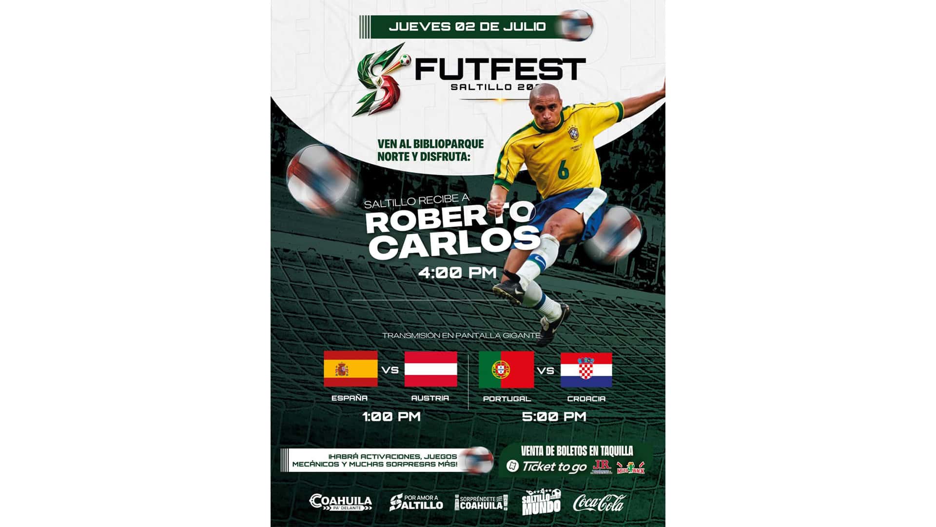 Roberto Carlos llega a Saltillo para el FUTFEST 2026 Roberto Carlos llega a Saltillo para el FUTFEST 2026