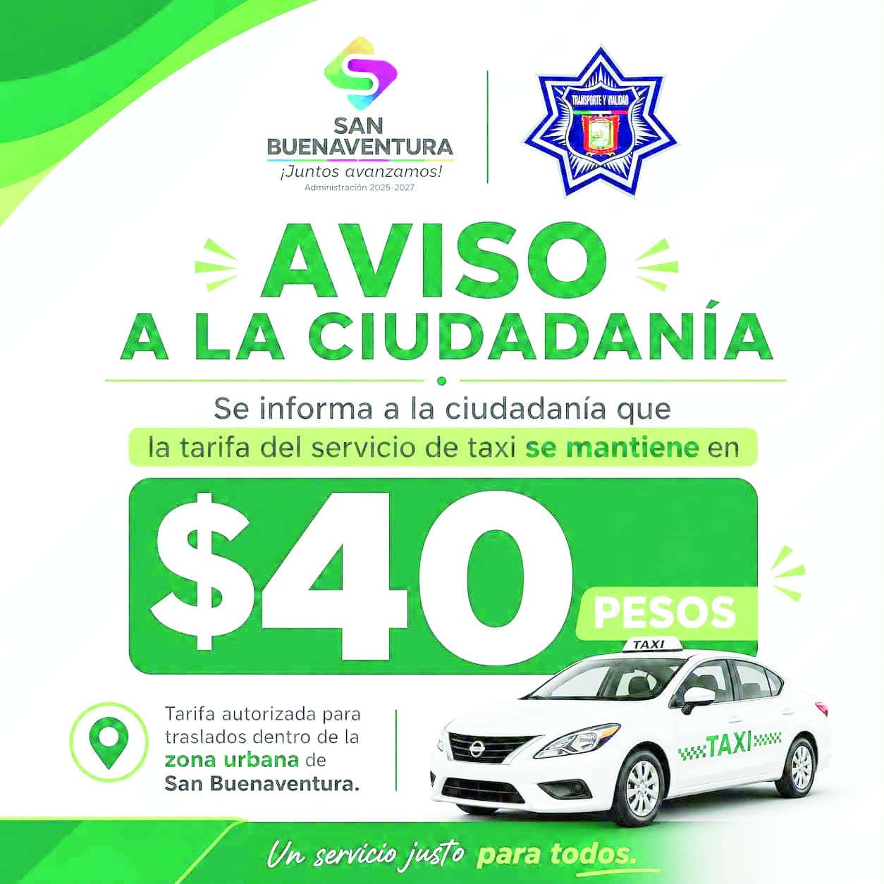 Tarifa de taxi se mantiene en 40 pesos en San Buenaventura durante la feria