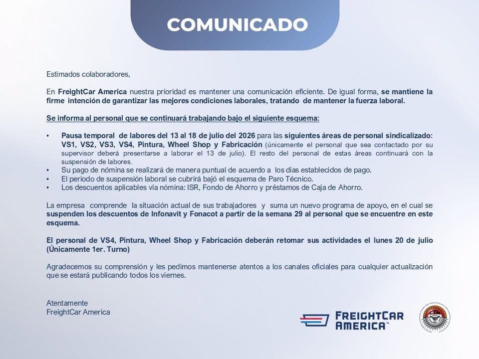 FreightCar America se va a paro técnico por baja producción