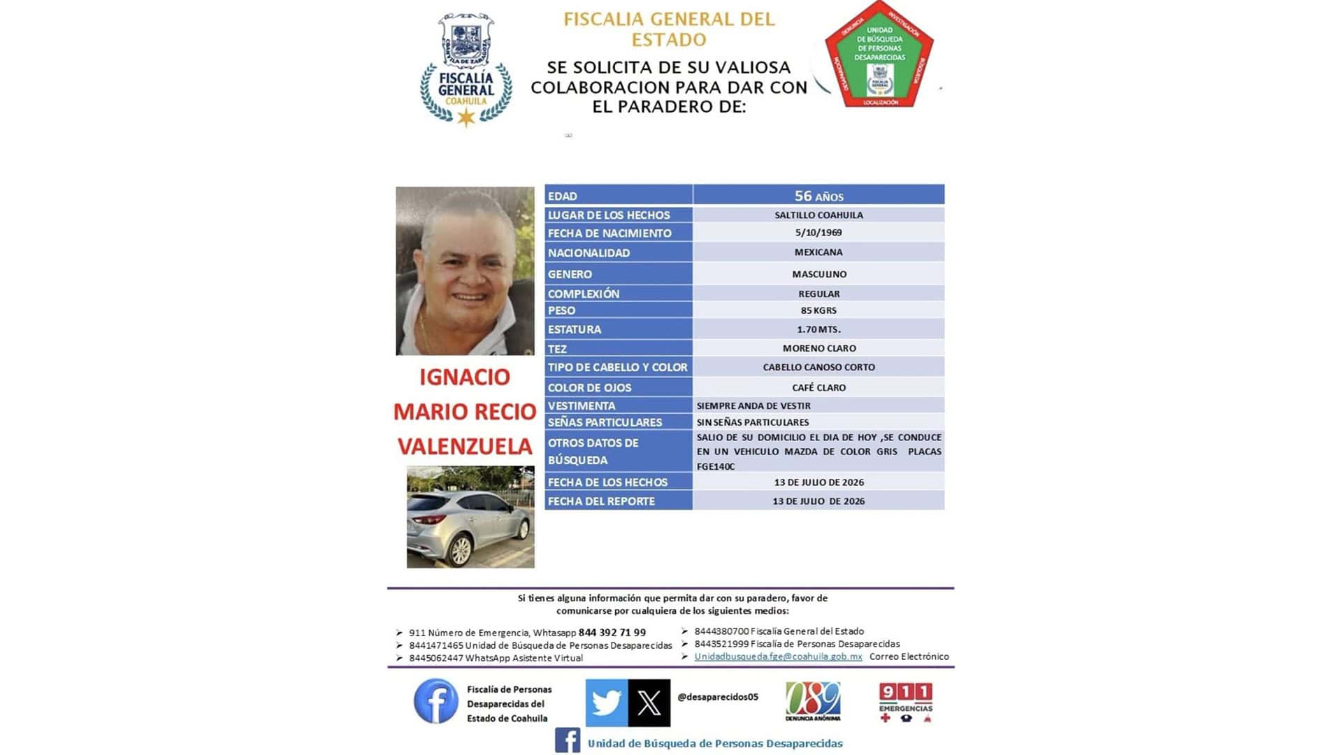 Desaparece Ignacio Recio en Saltillo: Fiscal&iacute;a activa b&uacute;squeda