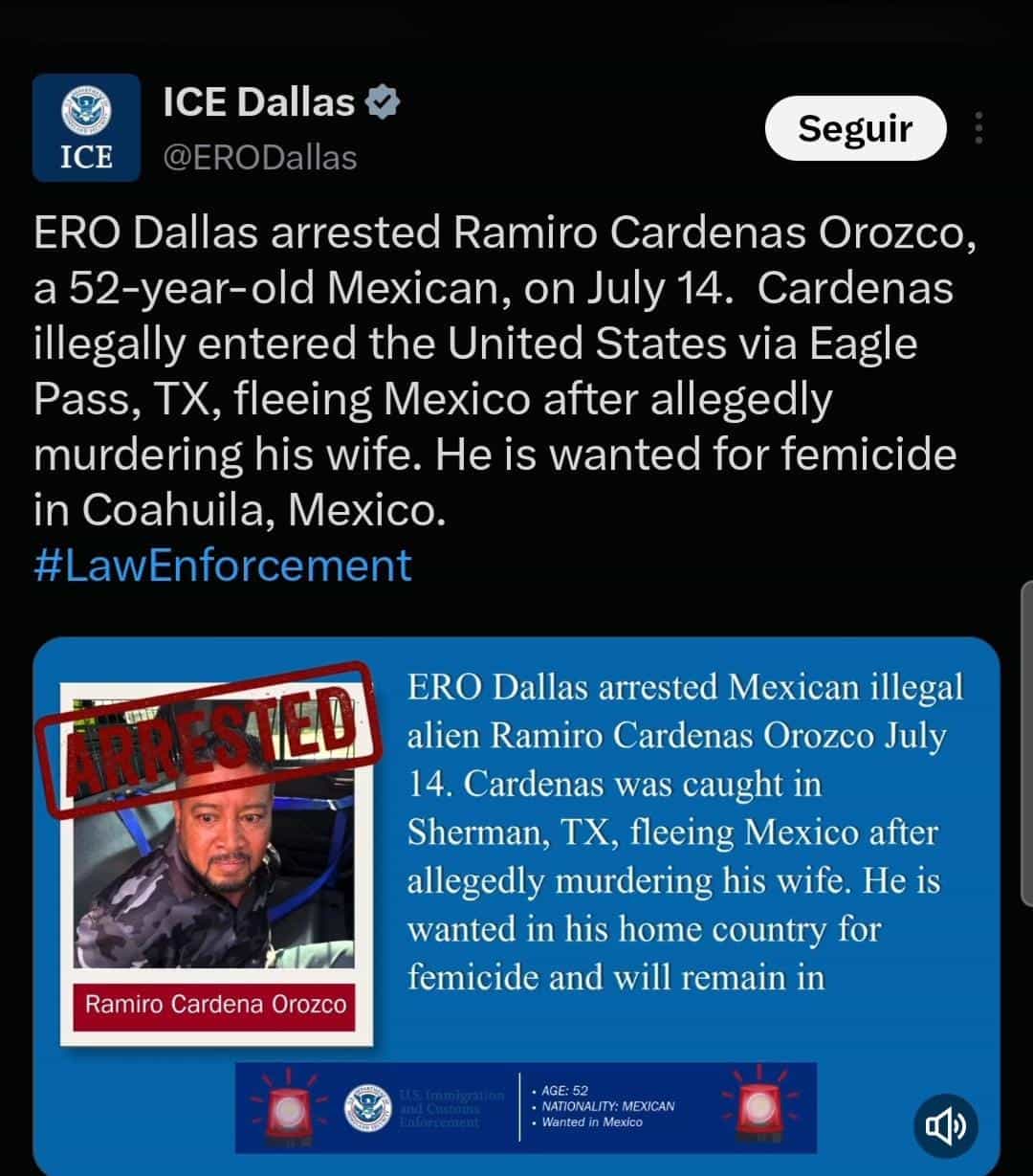 ICE  difunde ficha de Ramiro N