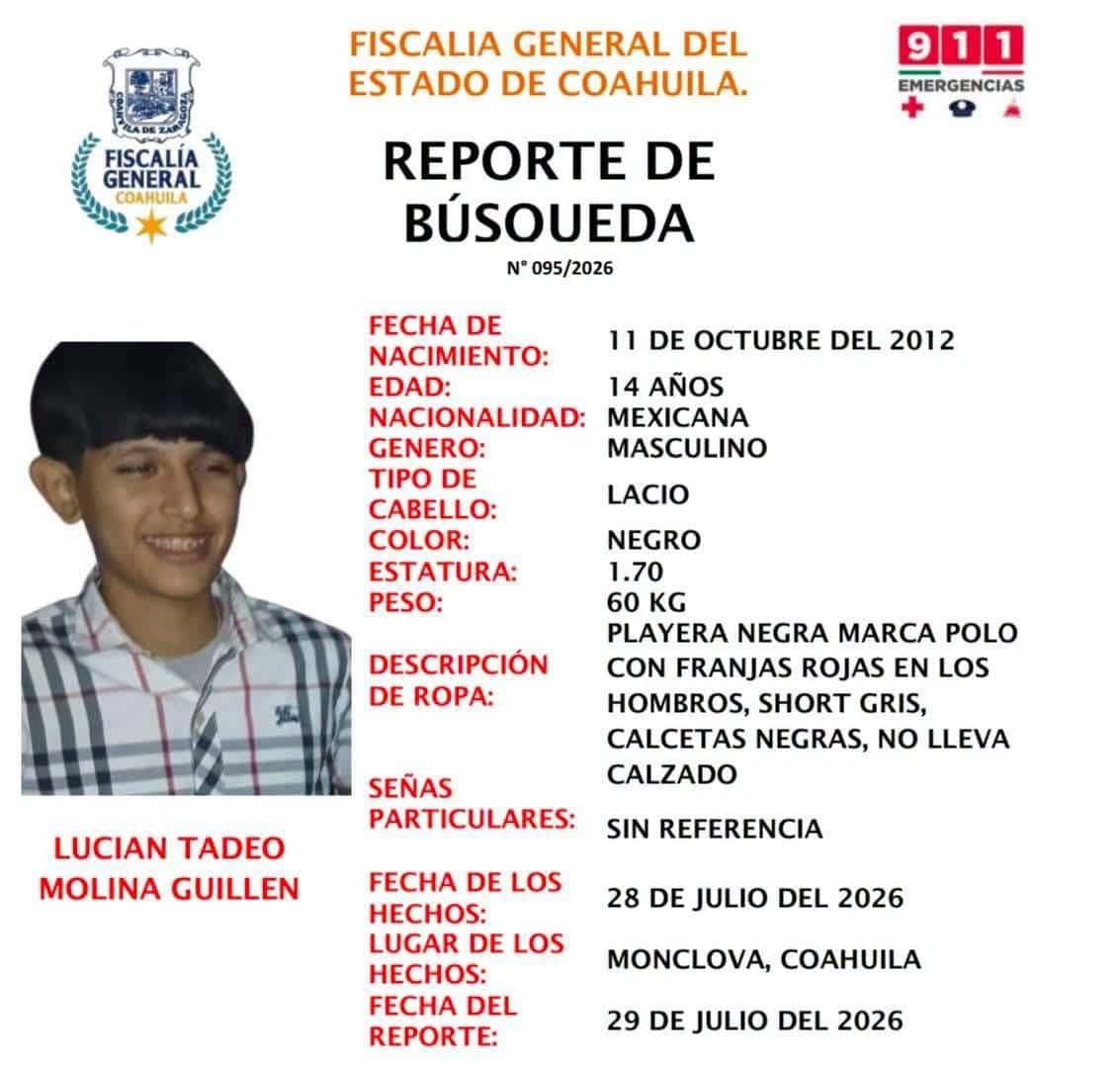 Activan b&uacute;squeda de adolescente en Monclova