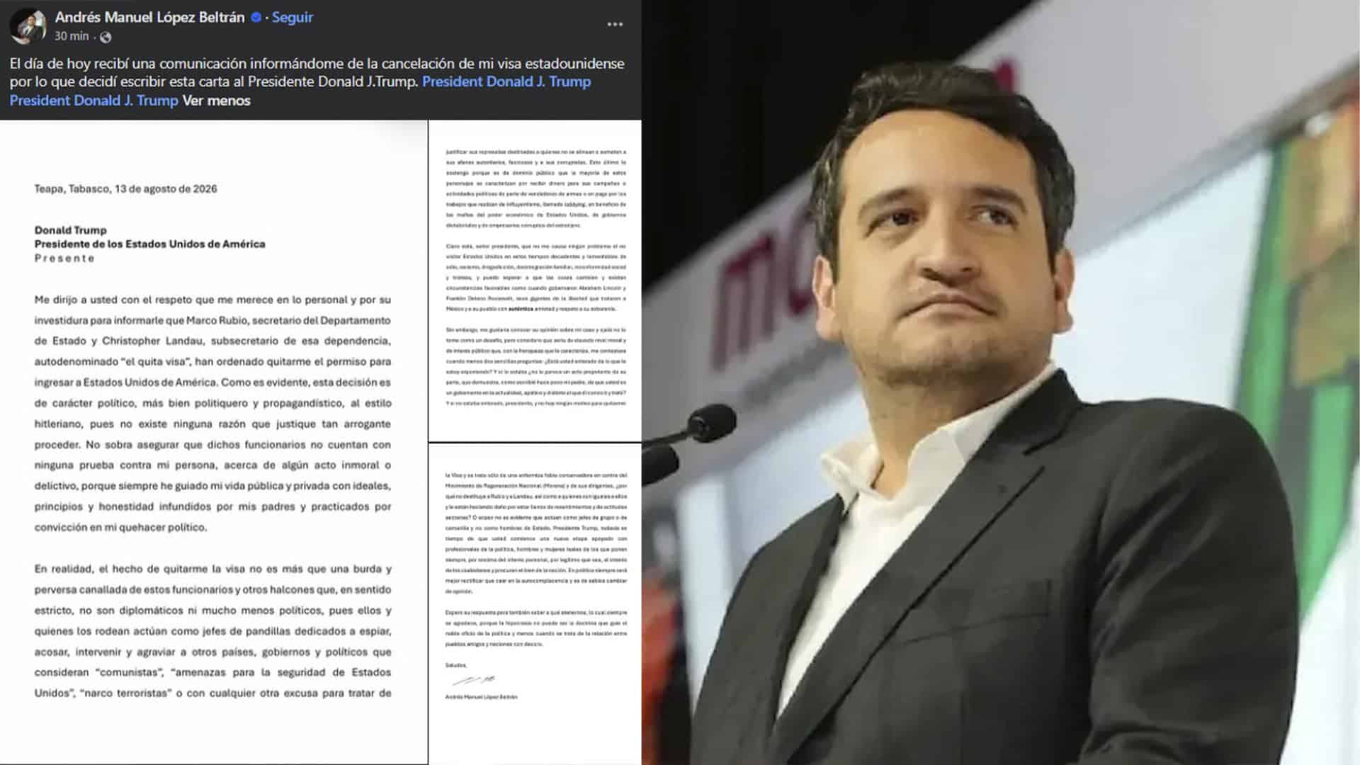 Andr&eacute;s Manuel L&oacute;pez Beltr&aacute;n env&iacute;a misiva a Trump por revocaci&oacute;n de visado