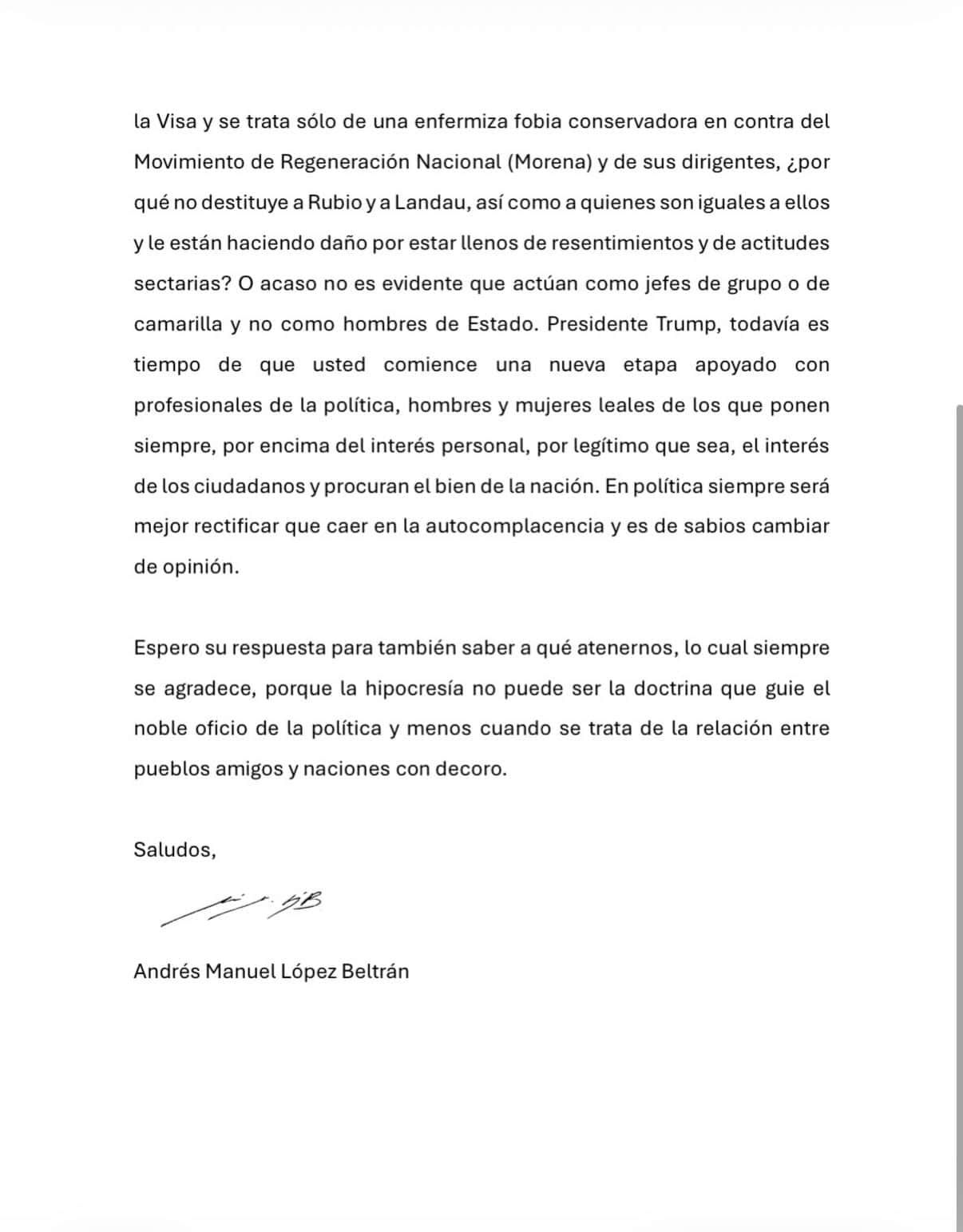 Andr&eacute;s Manuel L&oacute;pez Beltr&aacute;n env&iacute;a misiva a Trump por revocaci&oacute;n de visado