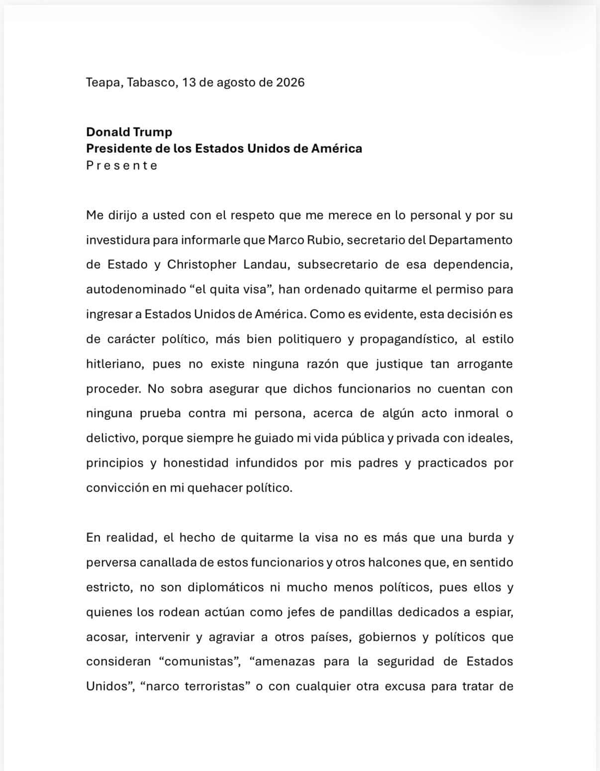 Andr&eacute;s Manuel L&oacute;pez Beltr&aacute;n env&iacute;a misiva a Trump por revocaci&oacute;n de visado