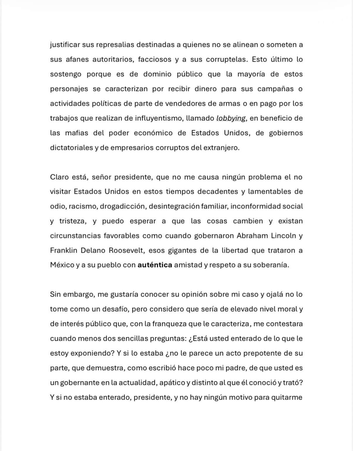 Andr&eacute;s Manuel L&oacute;pez Beltr&aacute;n env&iacute;a misiva a Trump por revocaci&oacute;n de visado