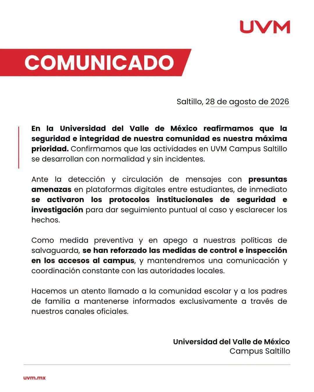Alerta de ataque armado moviliza a autoridades en UVM Saltillo