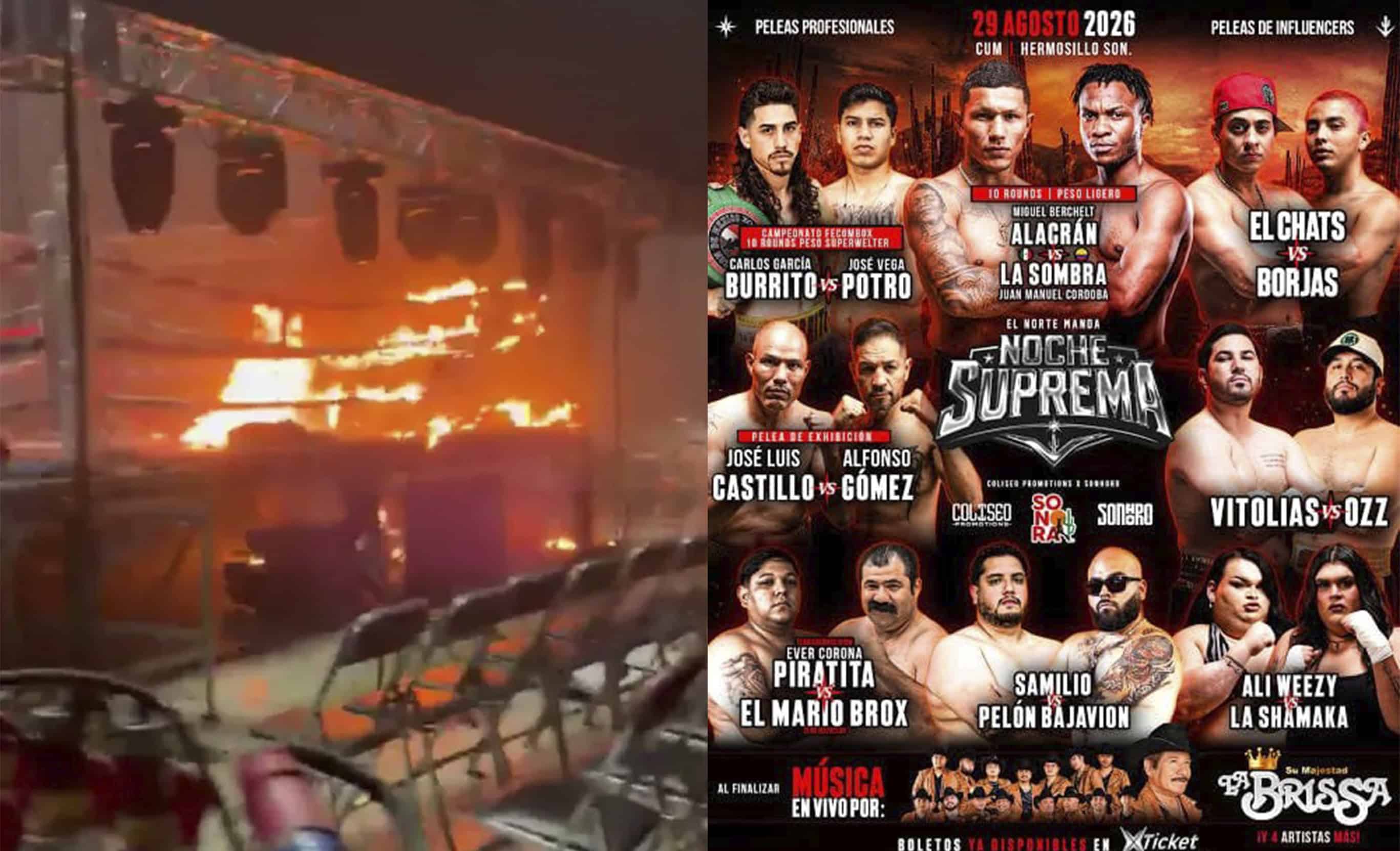 ¡Se canceló! Sujetos armados irrumpen en el CUM de Hermosillo y queman el ring de una pelea de influencers