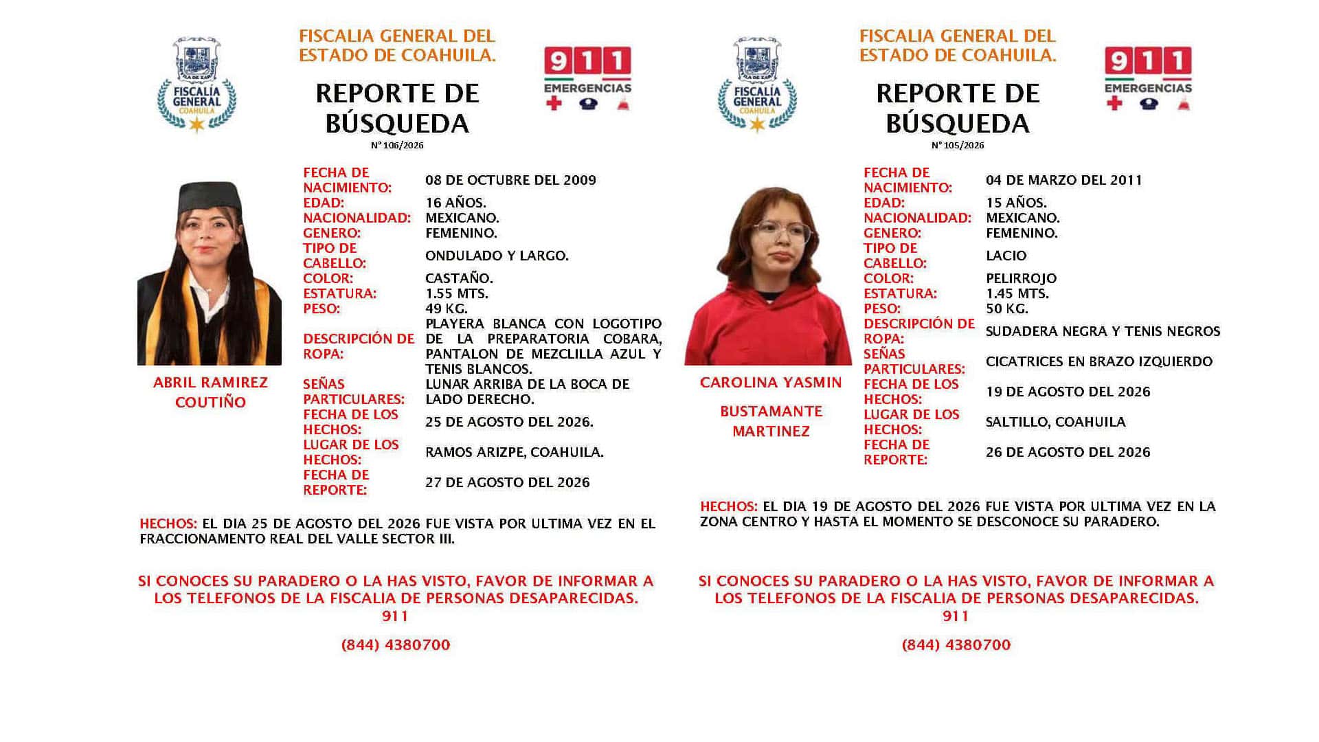 Desaparecen dos adolescentes en Coahuila: Abril Ramírez y Carolina Bustamante