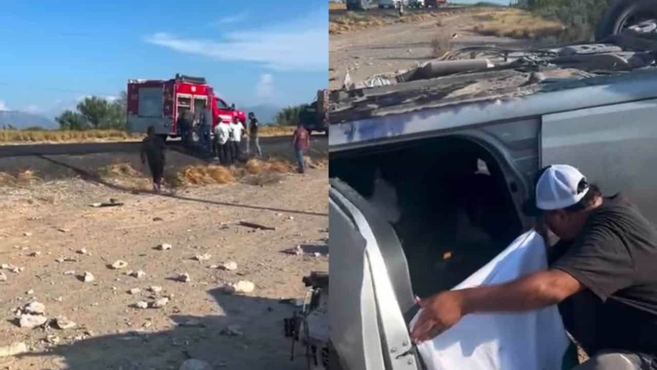 El sedán gris terminó volcado en el kilómetro 47 de la carretera Federal 57, en el tramo Sabinas-Monclova.