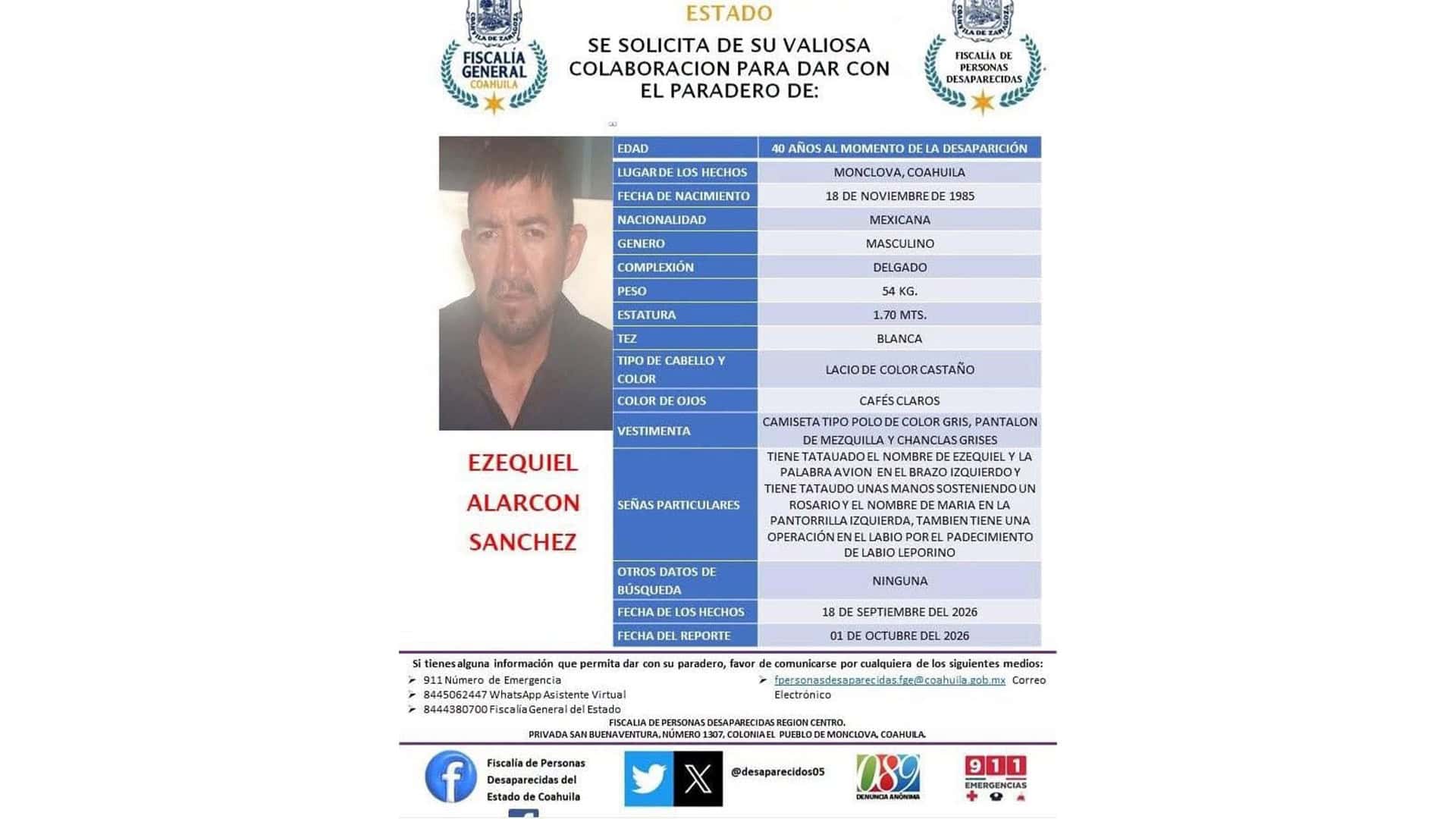 Fiscalía de Coahuila busca a Ezequiel Alarcón Sánchez desaparecido en Monclova